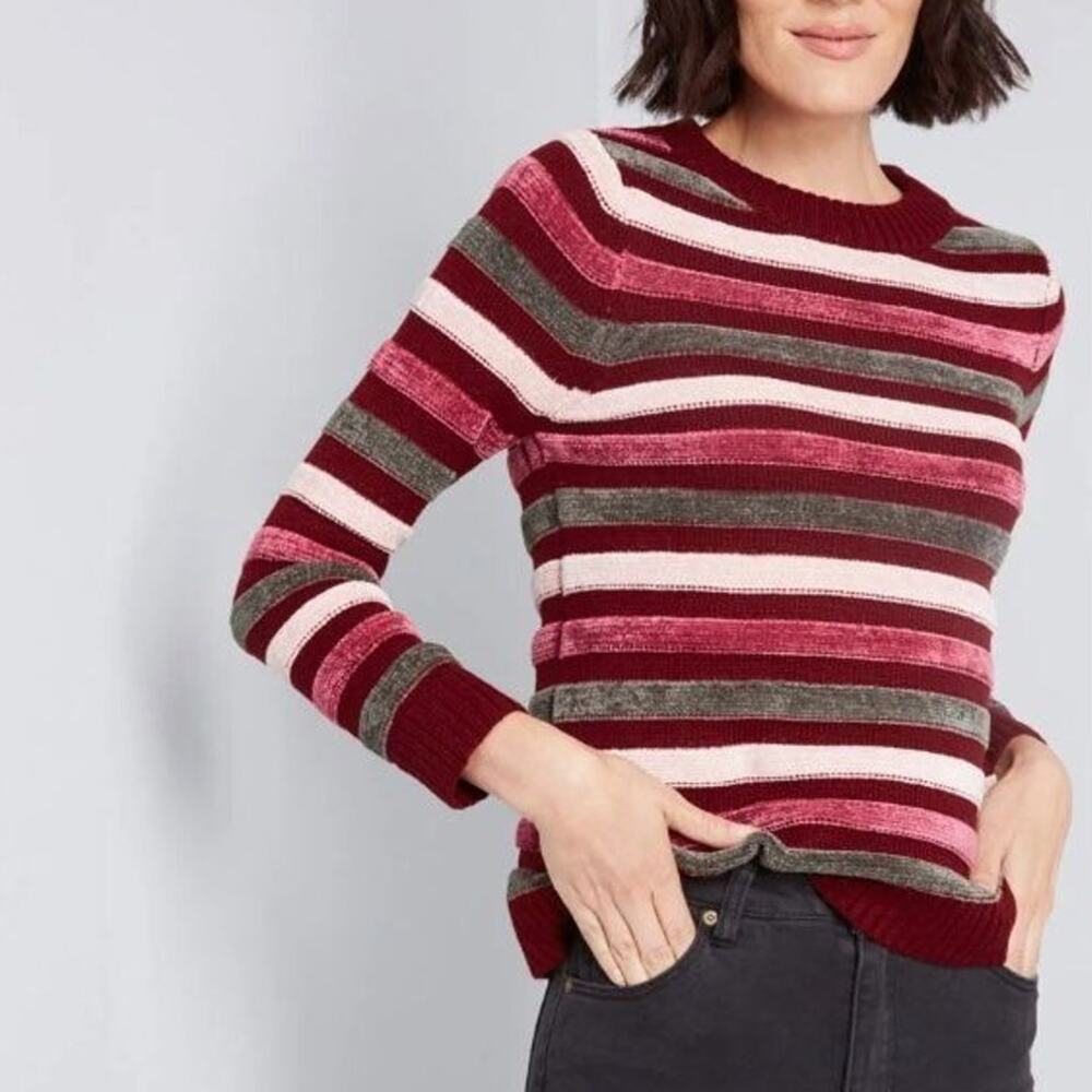 ModCloth Womens Striped Duly Noticed Sweater Sz S Chenille Dark Academia Stretch